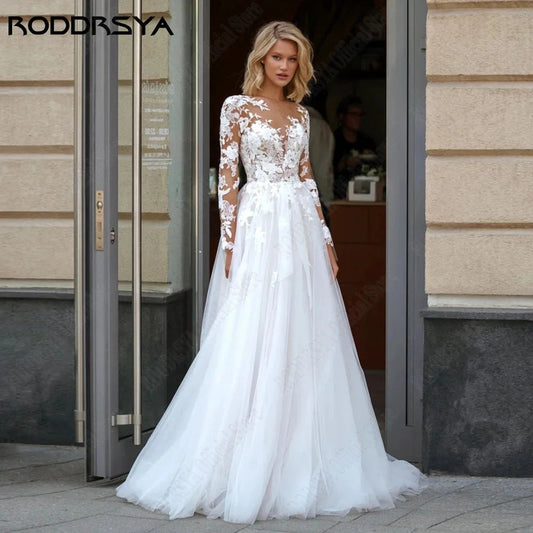 Elegant A-Line Lace Long Sleeve Scoop Neck Applique Bridal Gowns Plus Size Wedding Dress The Clothing Company Sydney
