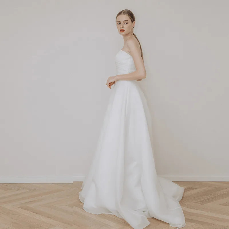 Strapless Elegant A-line Sleeveless Classic Lace Up Small Train Wedding Dress - The Clothing Company Sydney