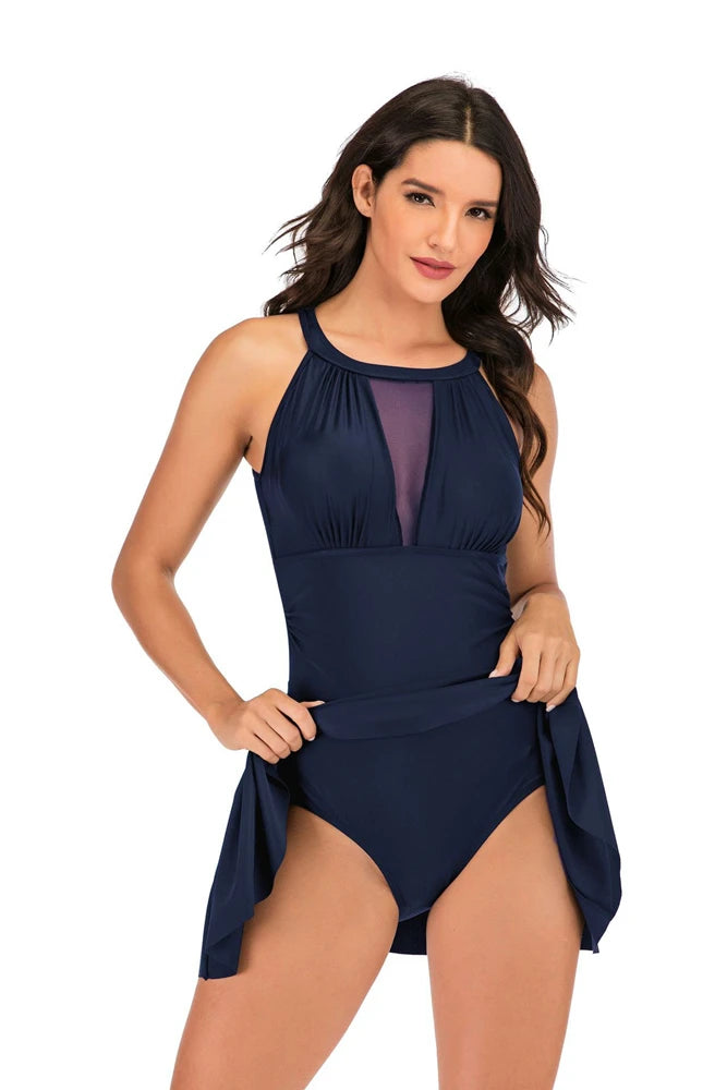Women's One Piece Swimsuit Swimdress With Shorts Slim Mesh Hollow Out Design Solid Black/Red/Dark Blue Swimwear Plus Size - The Clothing Company Sydney