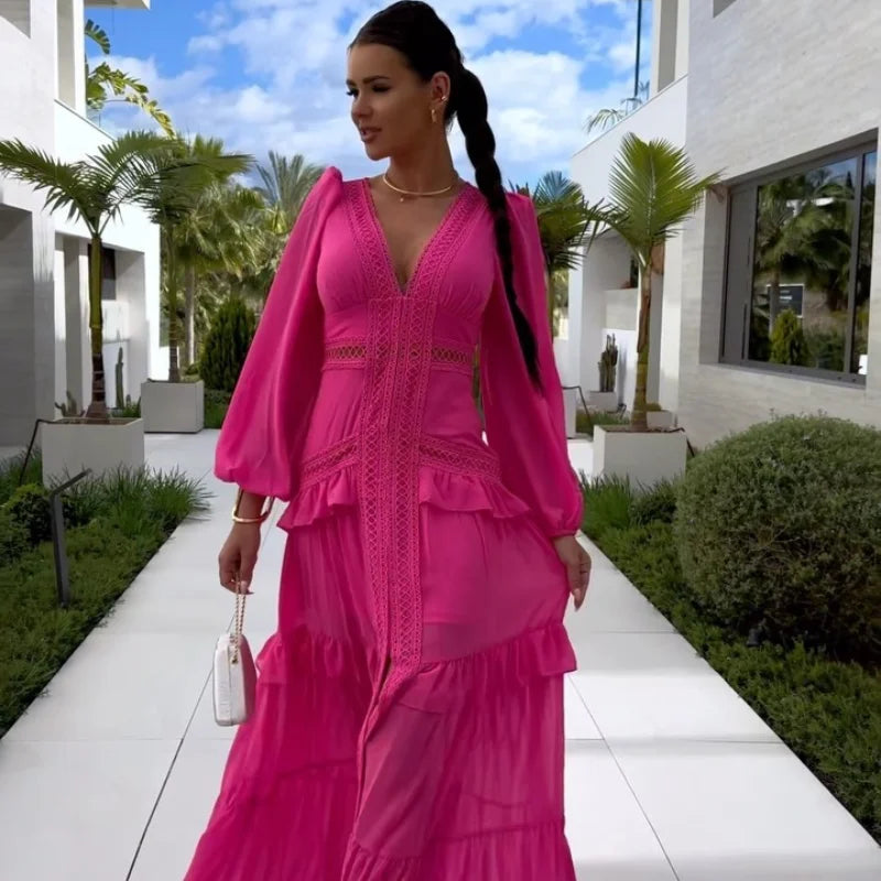 Women V-neck Lantern Long Sleeves Maxi Dress Elegant Patchwork Ruffles Hollow Lace Slim Summer Dress - The Clothing Company Sydney