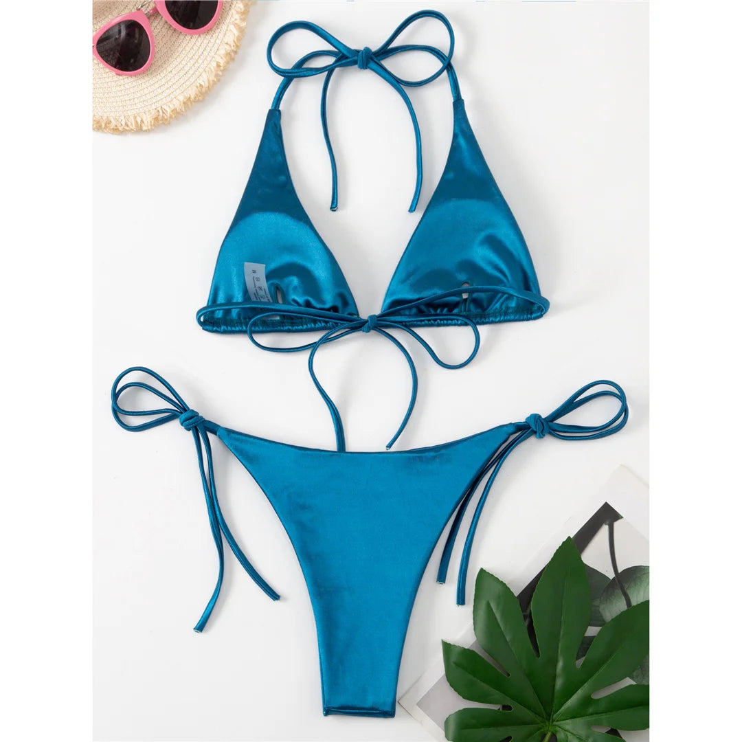Halter Satin Brazilian Bikini Women Swimwear Female Swimsuit Two-piece Bikini set Bather Bathing Suit The Clothing Company Sydney