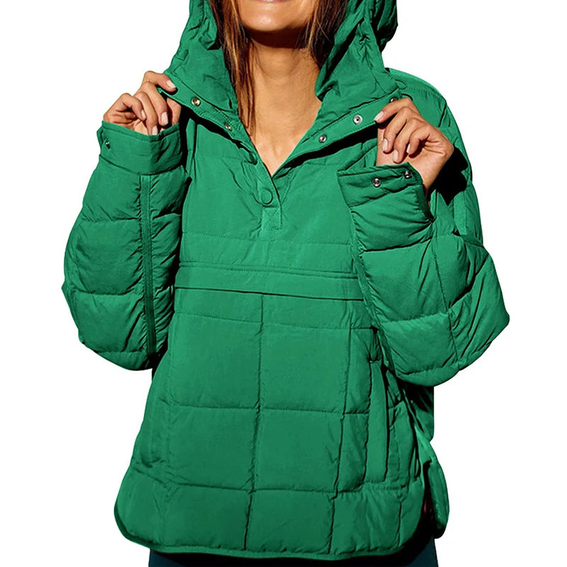 Autumn Winter Padded Jacket For Women Fashion Pockets Long Sleeves Hooded Pullovers Casual Coat - The Clothing Company Sydney