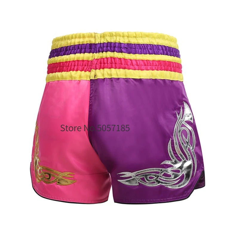 Muay Thai Shorts Men's Women's Boxing Shorts Child Embroidery Satin Kickboxing Pants Combat Grappling Cage Fighting MMA Shorts - The Clothing Company Sydney