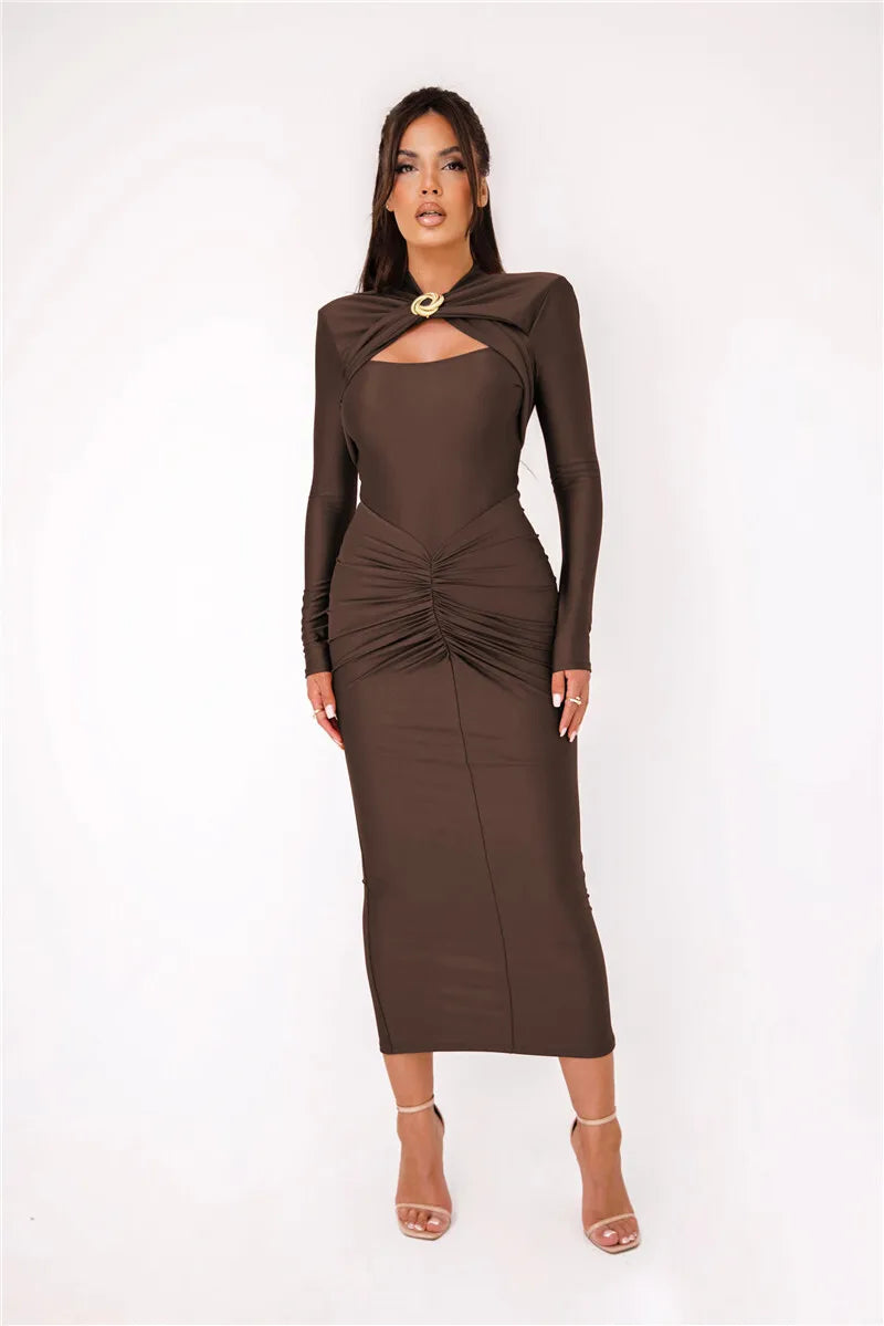 Hollow Out Long Sleeve Maxi Dress Gown Autumn Winter New Metal Buckle Ruched Slit Long Elegant Dress The Clothing Company Sydney