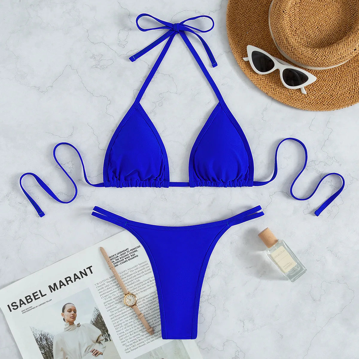 2 Piece Women Royal Blue Crystal Diamond Swimwear Swimsuit Triangle Bathing Suit Thong Beach Bikini Set The Clothing Company Sydney