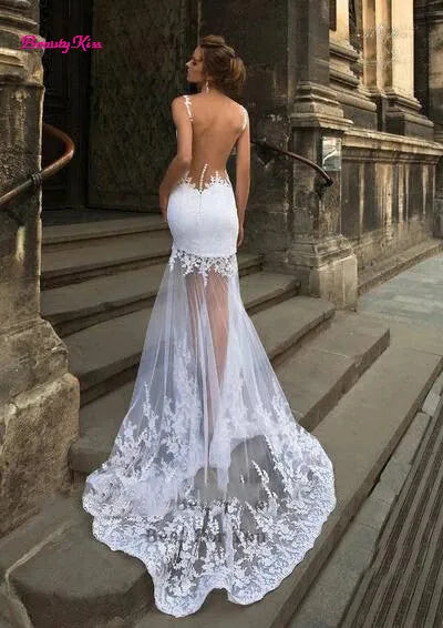 Modern Short Mermaid Wedding Dress with Detachable Train Three Piece 3 in 1 Lace Applique Sheer Neck Backless Bridal Gowns The Clothing Company Sydney