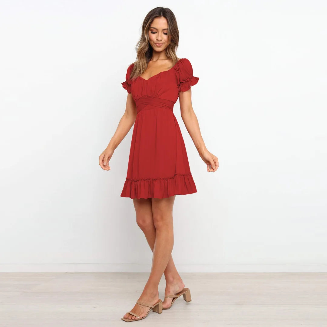 Summer Sundersses White Short Sleeve Ruffles Lace Up Folds Mini Dresses Bohemian Party Beach Dress - The Clothing Company Sydney