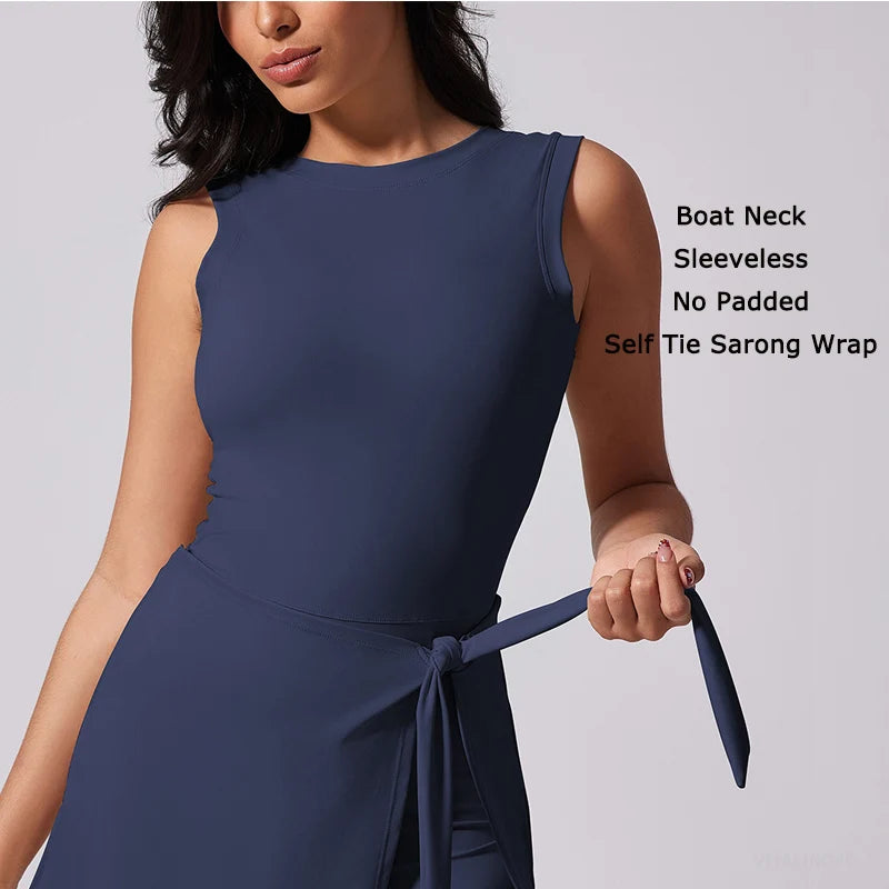 Women's Tennis Dress with Built in Shorts Athletic Dresses Sleeveless Boat Neck Active Workout Skort Dress - The Clothing Company Sydney