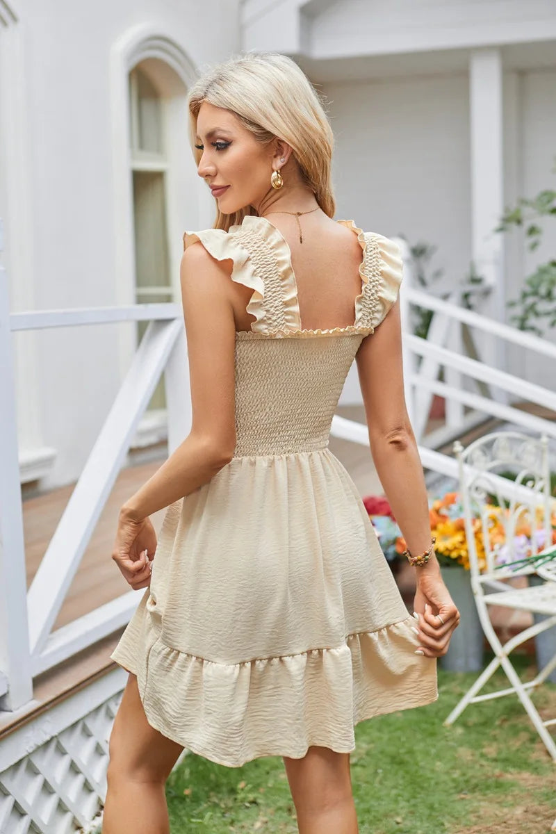 Womens Summer Casual Boho Sleeveless Backless Square Neck Smocked Ruffle Mini Dress A-Line Swing Sundress - The Clothing Company Sydney