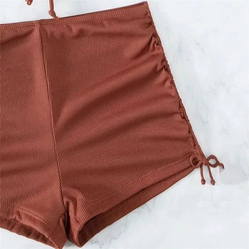 Brown Ribbed Swimwear Shorts Swimsuits Women Halter Bikinis Set String Drawstring Bathing Suit Beachwear - The Clothing Company Sydney