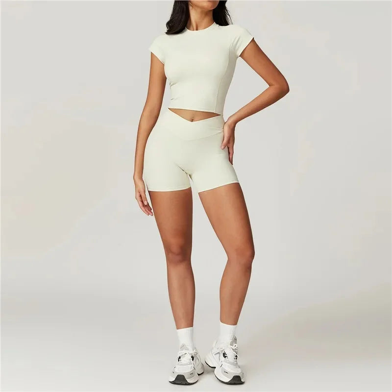 Quick-Dry Yoga 2 Piece Suit Outer Wear Running Sports Short Sleeves Women's Backless Fitness Wear Green Gym Clothing The Clothing Company Sydney