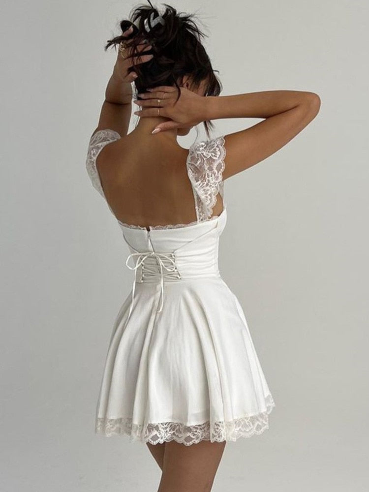 Elegant White Lace Strap Mini Dress For Women Fashion Sleeveless Backless Loose Short Dresses Clubwear The Clothing Company Sydney