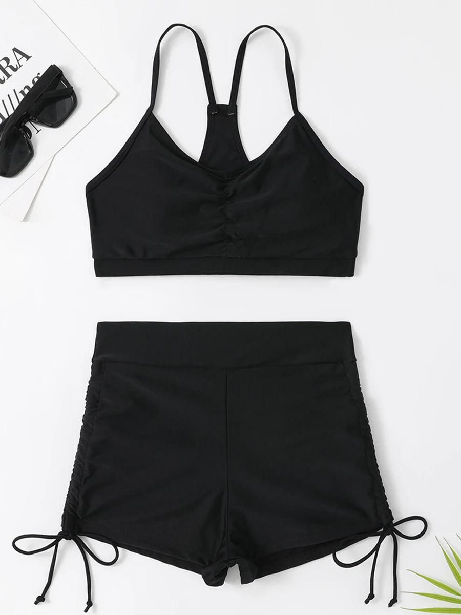2 Piece Drawstring Front Shorts Bikinis High Waist Swimsuit Women Swimwear Bathers Bathing Swimming Swim Suit Beachwear - The Clothing Company Sydney