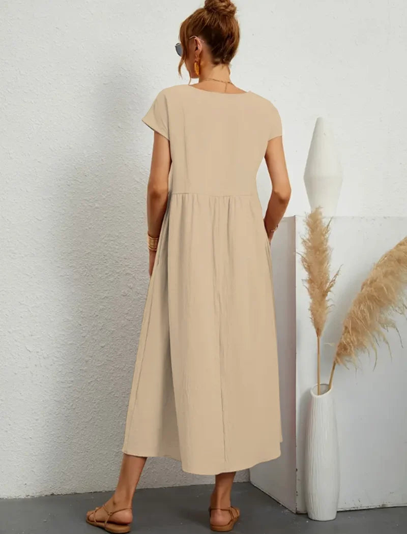 Women's Elegant Dress Summer Short Sleeve O-Neck Vintage Cotton Linen Comfortable Loose Pocket Long Dress - The Clothing Company Sydney