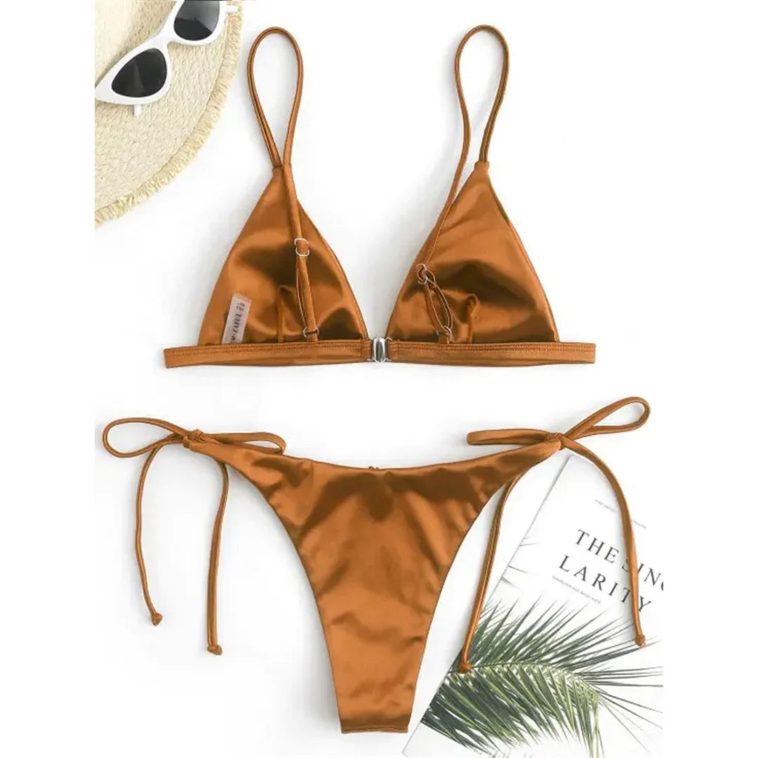Side Tie Satin High Leg Cut Brazilian Bikini Swimwear Swimsuit Two piece Bikini set Bather Bathing Suit - The Clothing Company Sydney