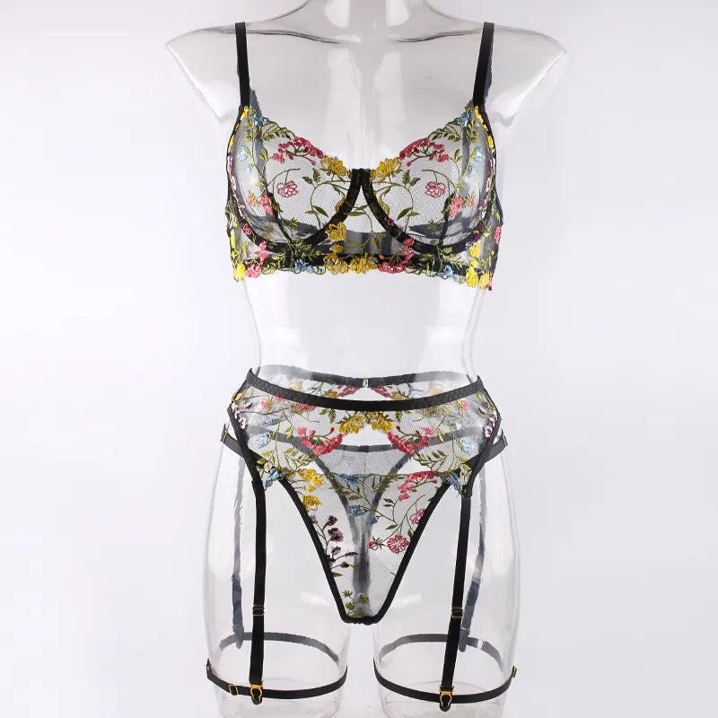 3 Piece Lingerie Sensual Lace Underwear Transparent Embroidery Garters Fancy Beautiful Bra Panties Intimate Set The Clothing Company Sydney