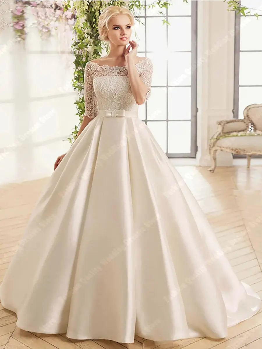 Round Neck Bride Dresses Classic Bright Satin Wedding Gowns New Graceful A-Line Customized Wedding Dress The Clothing Company Sydney
