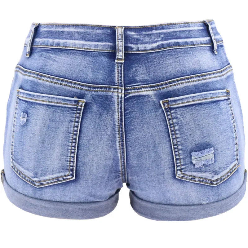 Women's Split Denim Shorts Summer Mid Waist Curled Cuff Elastic Slim Fit Casual Shorts The Clothing Company Sydney