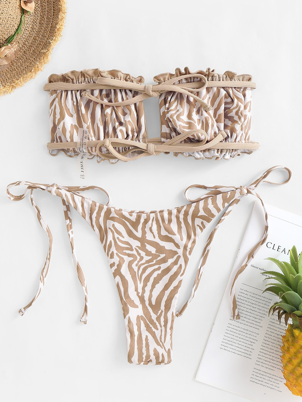 Ribbed Tie Side Bikini Set Animal Spotted Bandeau Two Piece Swimwear The Clothing Company Sydney
