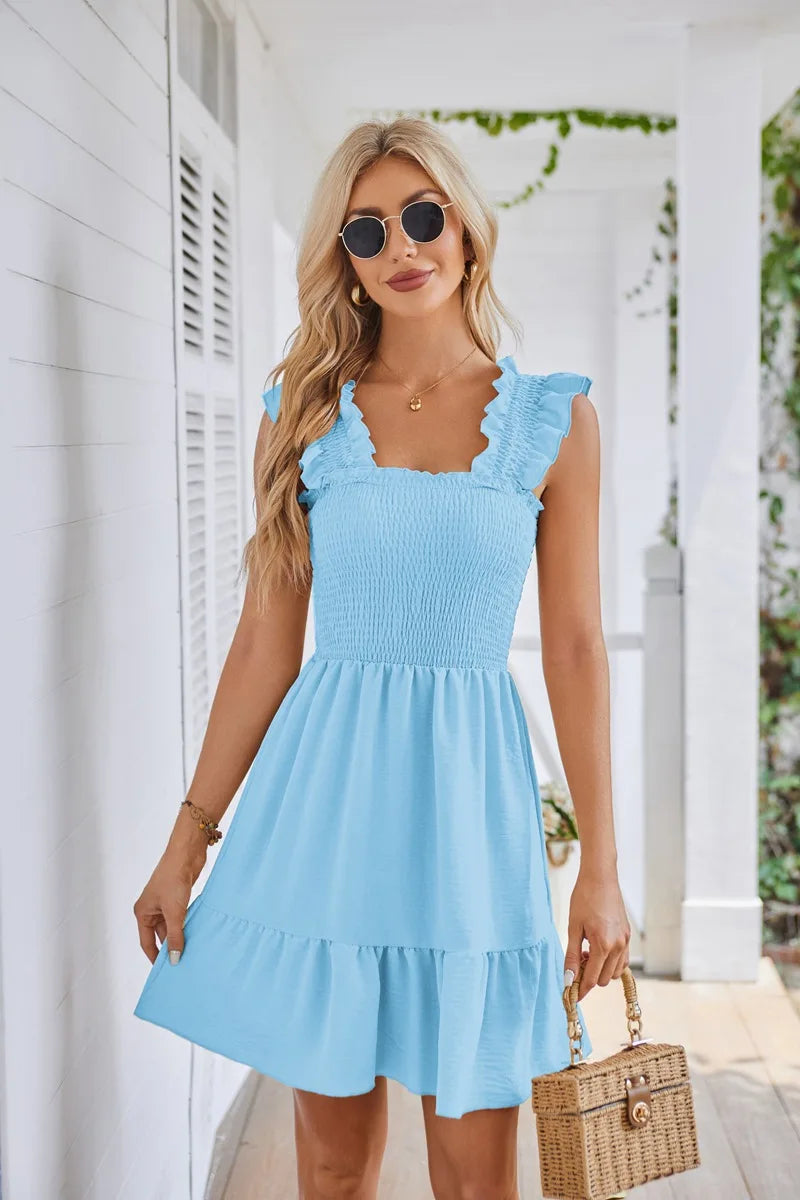 Womens Summer Casual Boho Sleeveless Backless Square Neck Smocked Ruffle Mini Dress A-Line Swing Sundress - The Clothing Company Sydney