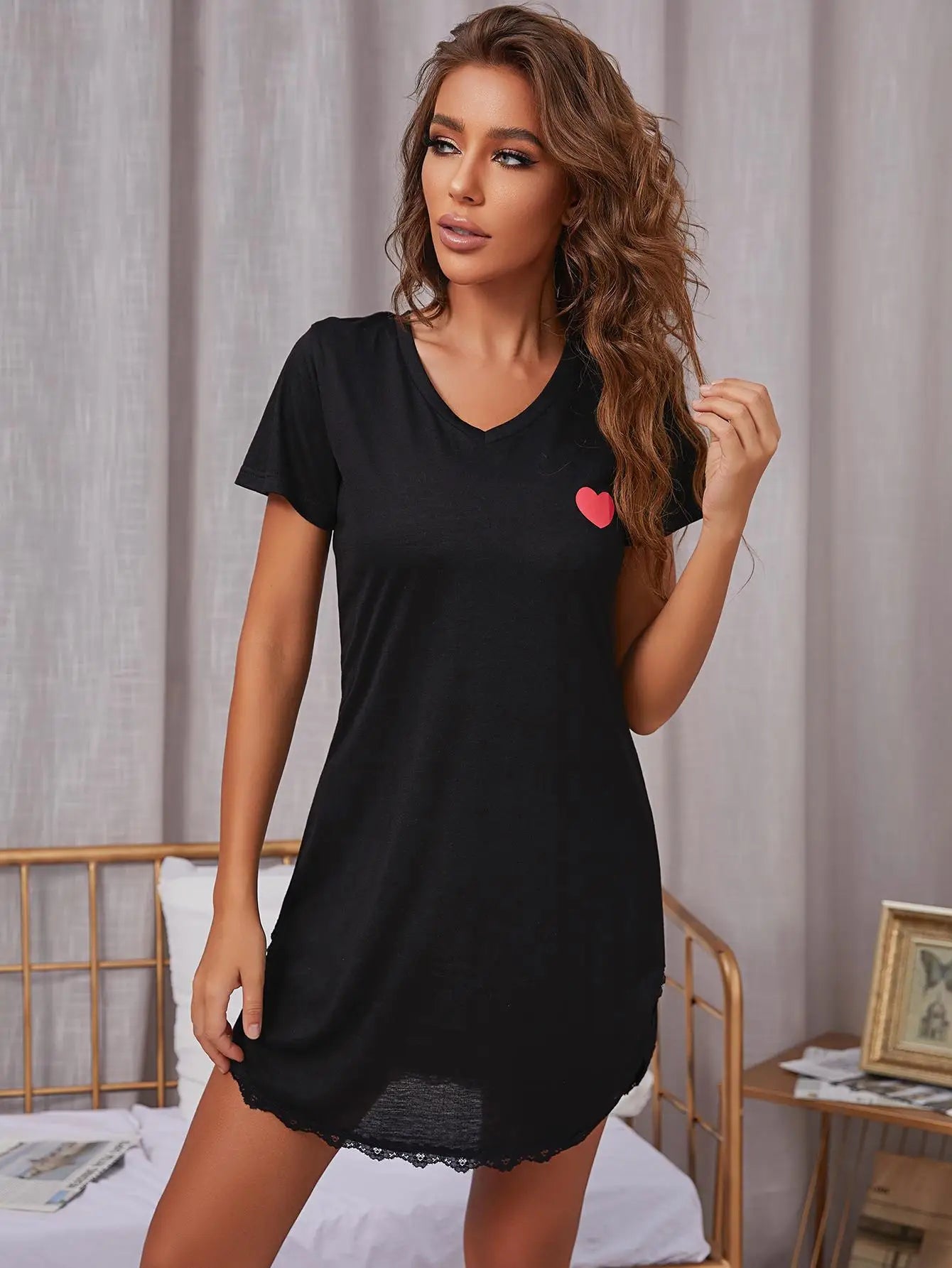 Summer Sleepwear Women Lace Hem Nightdress V-neck Short Sleeve Pajamas Nighties Nightgown Nightwear Side Split Skirt - The Clothing Company Sydney
