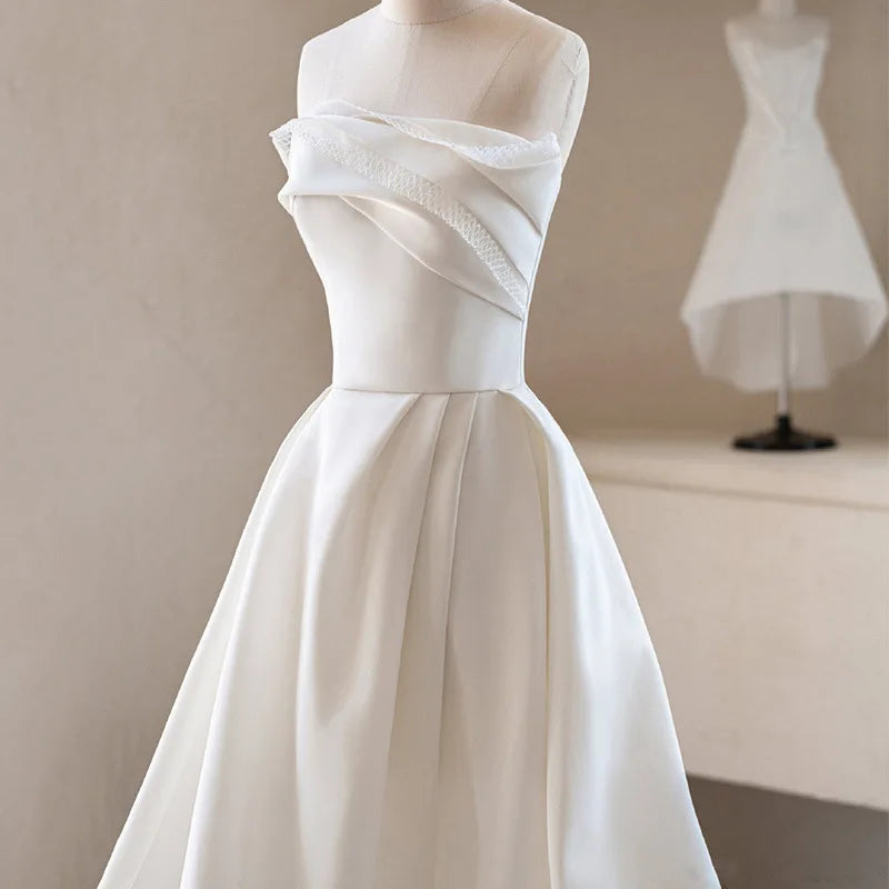 Luxury White Satin Trailing Wedding Dresses Women Elegant Strapless Long Prom Party Bridal Dress - The Clothing Company Sydney