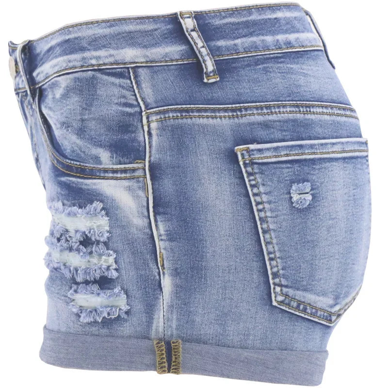 Women's Split Denim Shorts Summer Mid Waist Curled Cuff Elastic Slim Fit Casual Shorts The Clothing Company Sydney