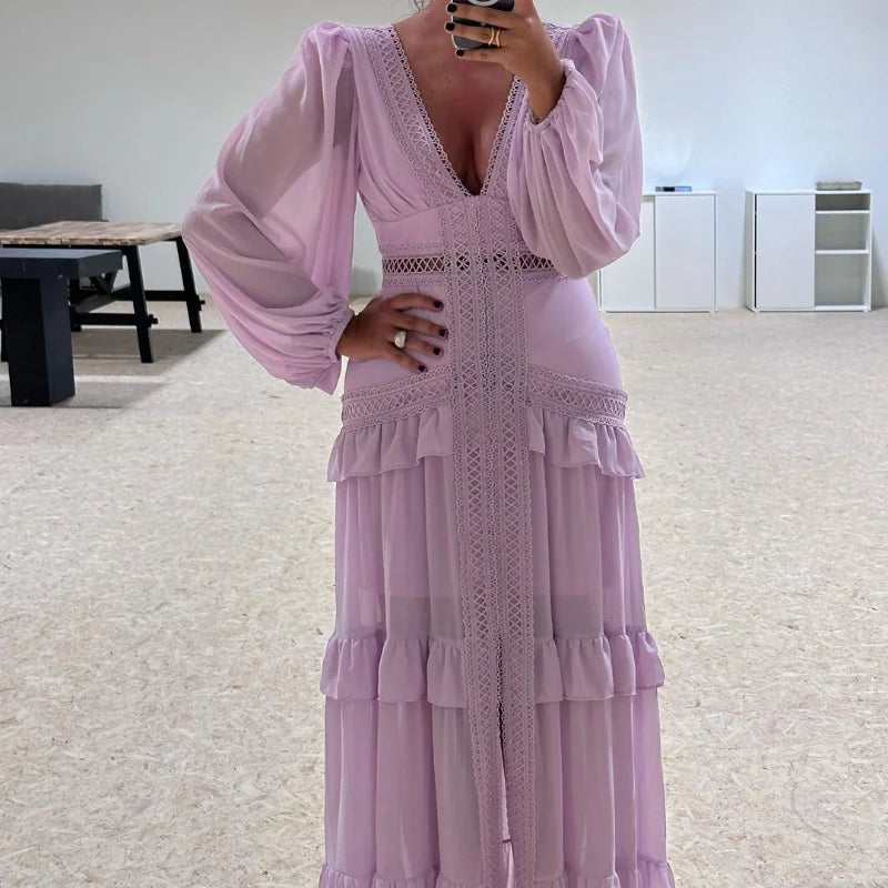 Women V-neck Lantern Long Sleeves Maxi Dress Elegant Patchwork Ruffles Hollow Lace Slim  Summer Dress - The Clothing Company Sydney