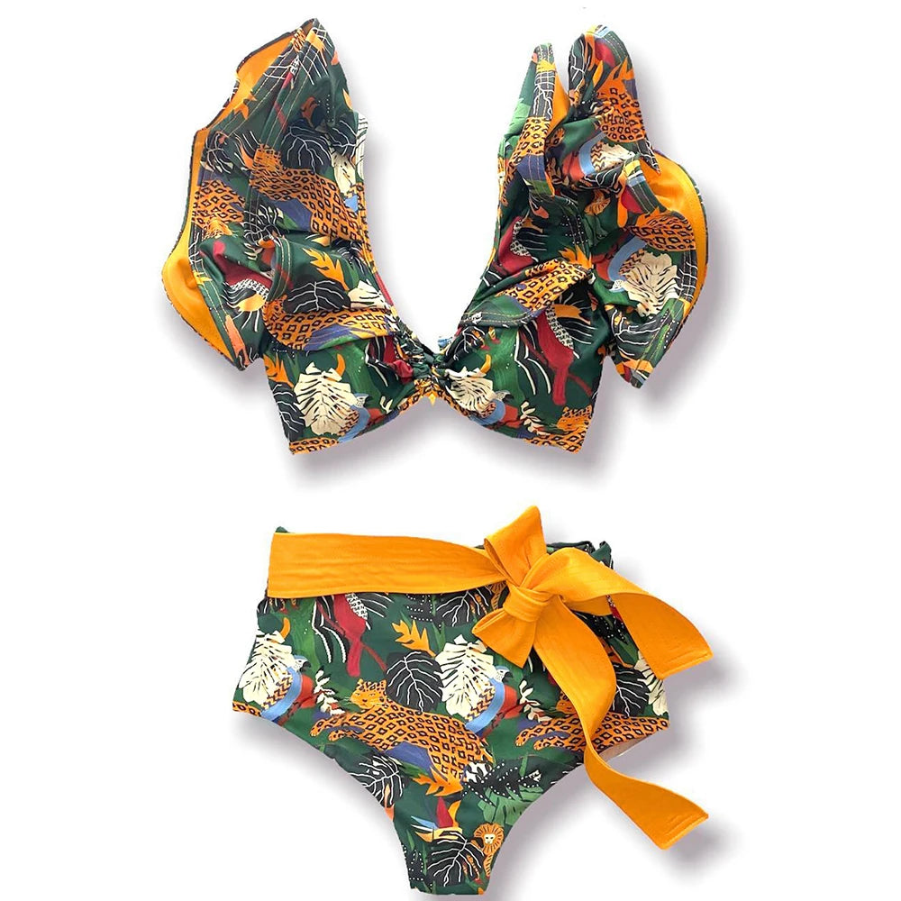 V-Neck High Waist Bikini Sets Shoulder Ruffled Printed Swimsuit Two Piece Swimwear Bathing Suits The Clothing Company Sydney