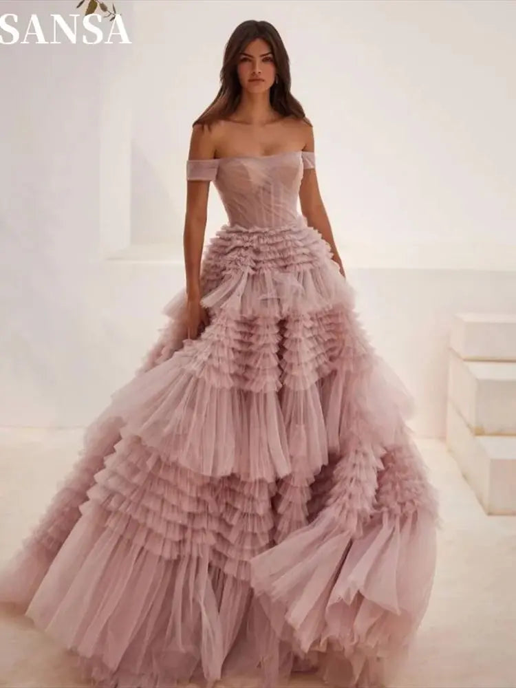 Pink Off Shoulder Tulle Prom Dress Elegant Multi layer A-line Lace Up Back Sleeveless Evening Dress The Clothing Company Sydney