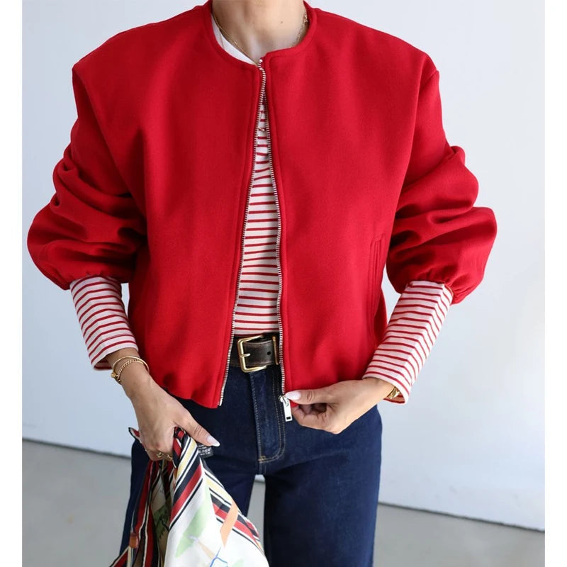 Women's Red Zipper Bomber Jackets Soft Cropped Jackets Long Sleeve Sports Jacket Outerwear The Clothing Company Sydney