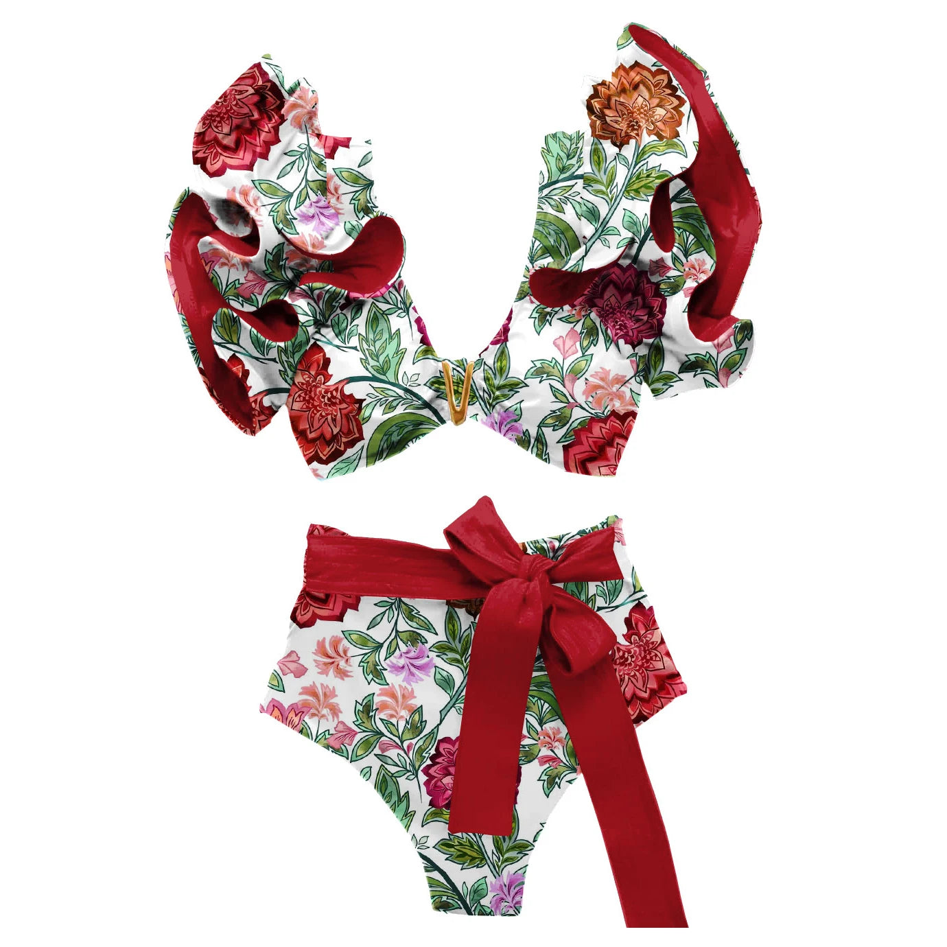 V-Neck High Waist Bikini Sets Shoulder Ruffled Printed Swimsuit Two Piece Swimwear Bathing Suits The Clothing Company Sydney