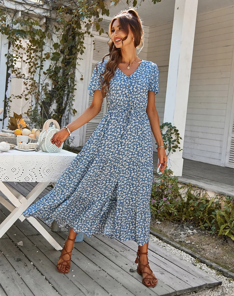 Vintage Floral Dresses for Women Elegant Loose Slit Summer Beach Holiday Leisure Long High Waist Print Dress - The Clothing Company Sydney