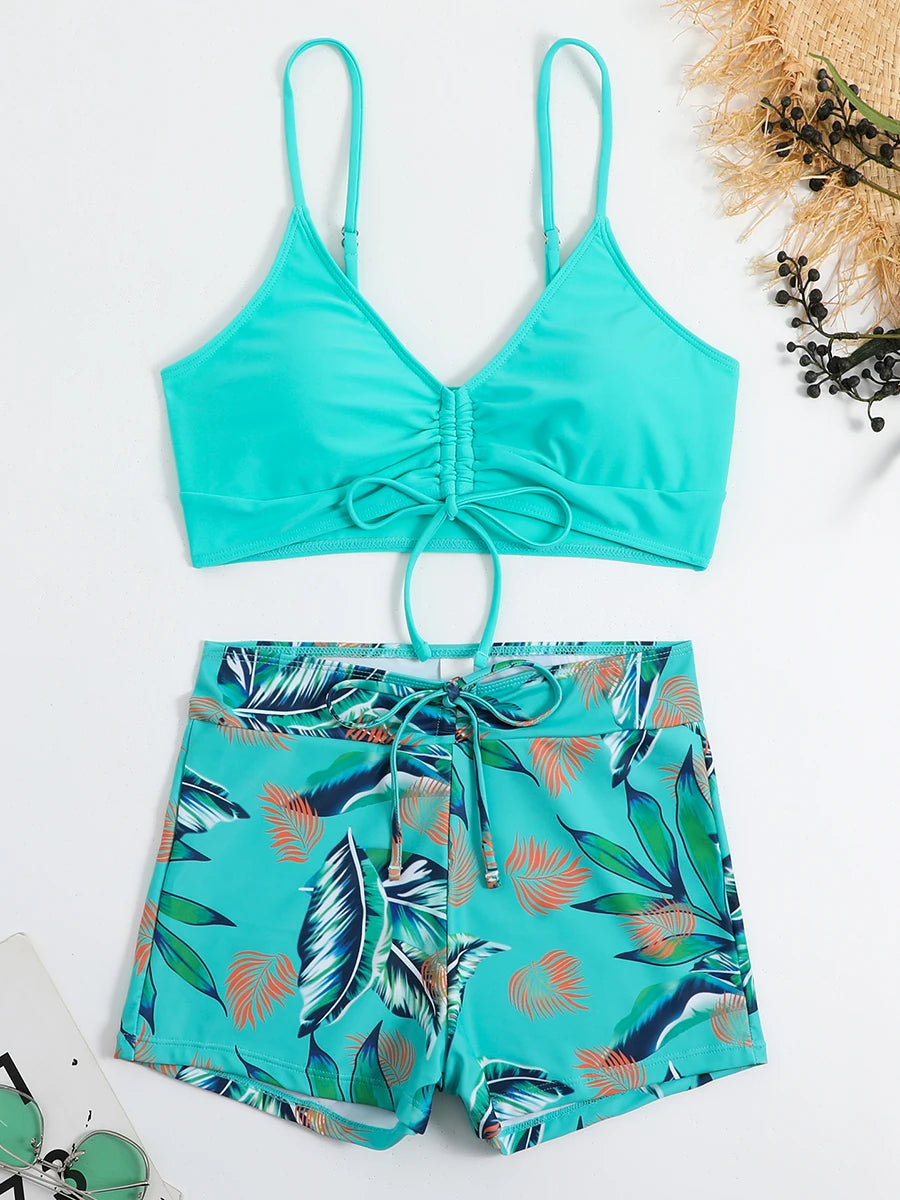 2 Piece Drawstring Front Shorts Bikinis High Waist Swimsuit Women Swimwear Bathers Bathing Swimming Swim Suit Beachwear - The Clothing Company Sydney