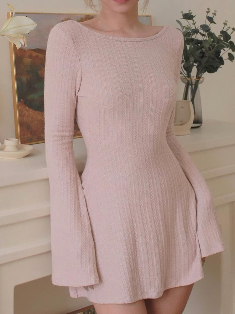 Backless Chic Solid Long Sleeve Autumn Dress Women's Fashion Basic Mini Dresses Slim Elegant Dress The Clothing Company Sydney