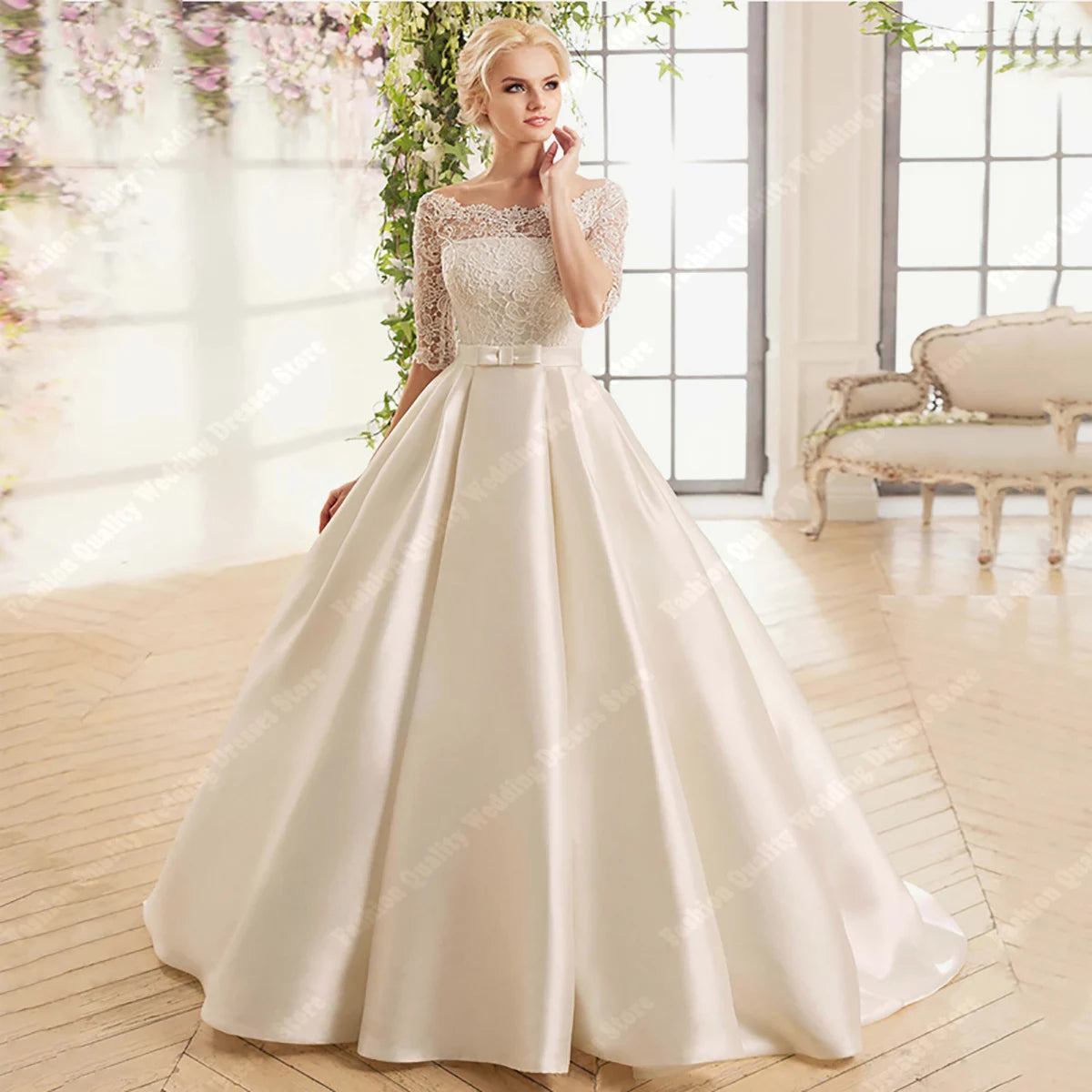 Round Neck Bride Dresses Classic Bright Satin Wedding Gowns New Graceful A-Line Customized Wedding Dress The Clothing Company Sydney
