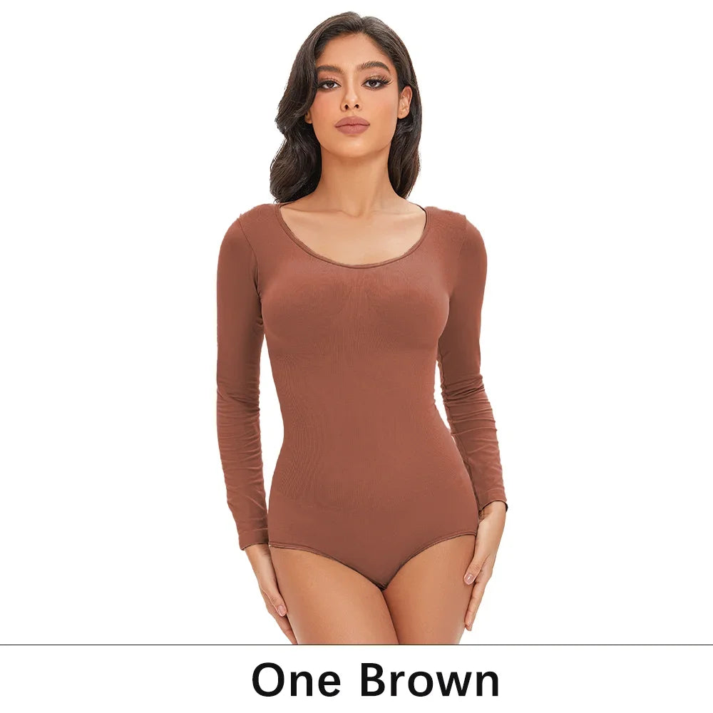 Spandex Elastic Body Suit Shapewear Women Body Shaper Long Sleeve Round Neck Seamless Shapers - The Clothing Company Sydney