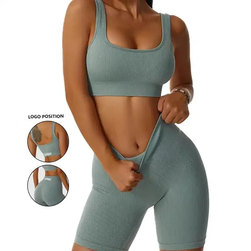 2 Piece Ribbed Yoga Sports Women Seamless Crop Top Bra Shorts Yoga Set Elastic Sportsuit Workout Outfit Fitness Gym Clothes The Clothing Company Sydney