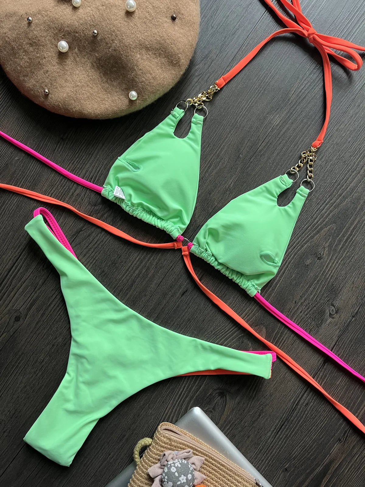 Metal Chain Decoration Swimwear Women Bikini Push Up Swimsuit Two Pieces Bathing Suit - The Clothing Company Sydney