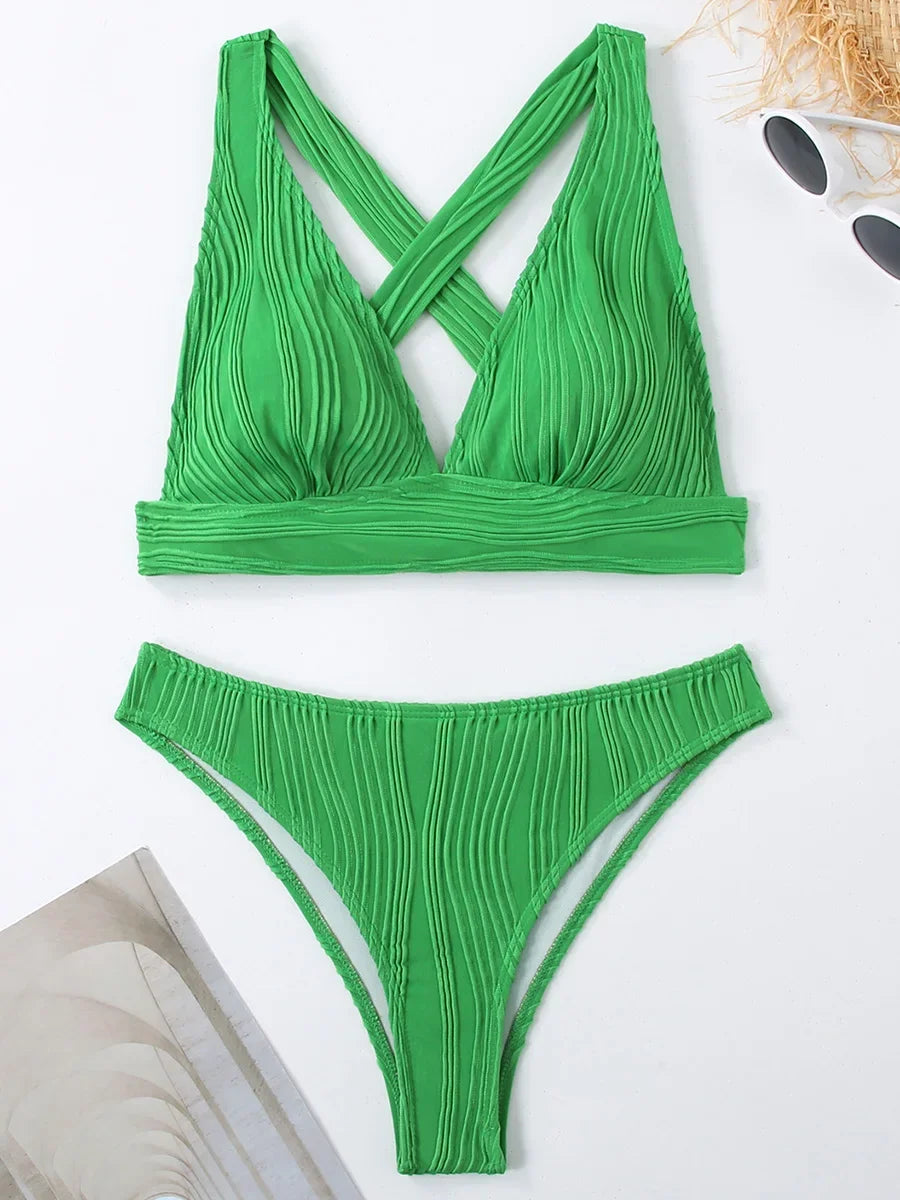 2 Piece Wrinkled Crinkled Bikini Swimwear Swimsuit Two-pieces Bikini Set High Cut Bathing Suit Swim Beach Wear The Clothing Company Sydney