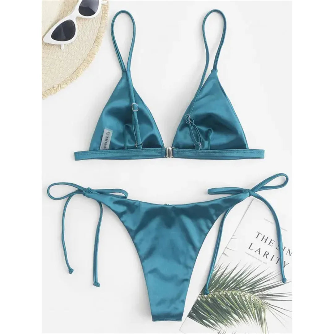Side Tie Satin High Leg Cut Brazilian Bikini Swimwear Swimsuit Two piece Bikini set Bather Bathing Suit - The Clothing Company Sydney