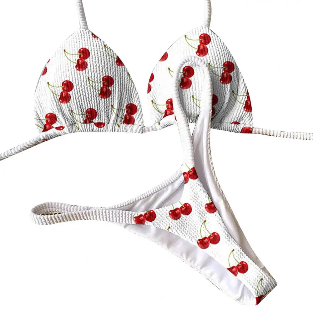 Two Piece Bikini Set Leopard Print Halter Bikini Set Cherry Print Thong Swimsuit High Waist Lace-up Bathing Suit - The Clothing Company Sydney