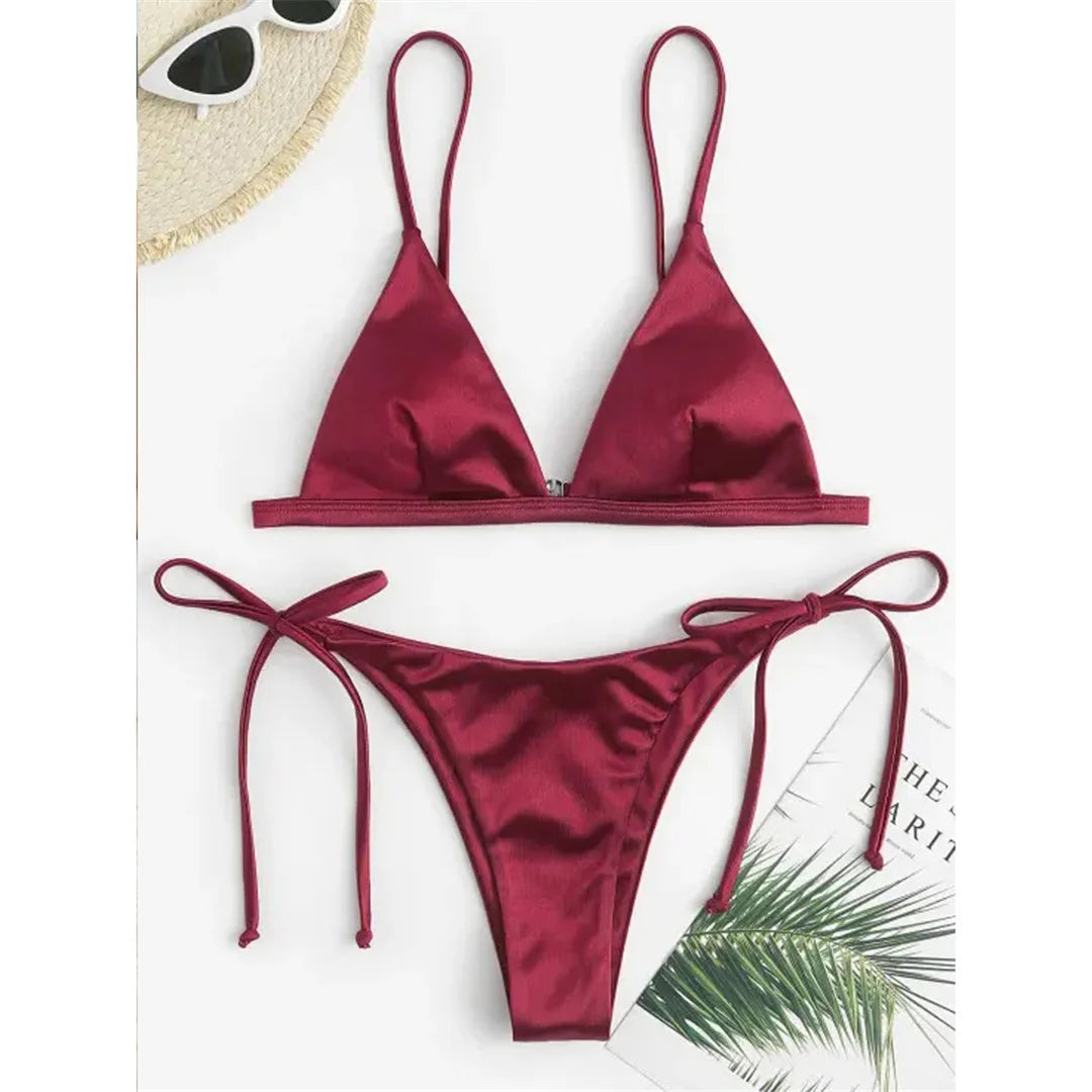 Side Tie Satin High Leg Cut Brazilian Bikini Swimwear Swimsuit Two piece Bikini set Bather Bathing Suit - The Clothing Company Sydney