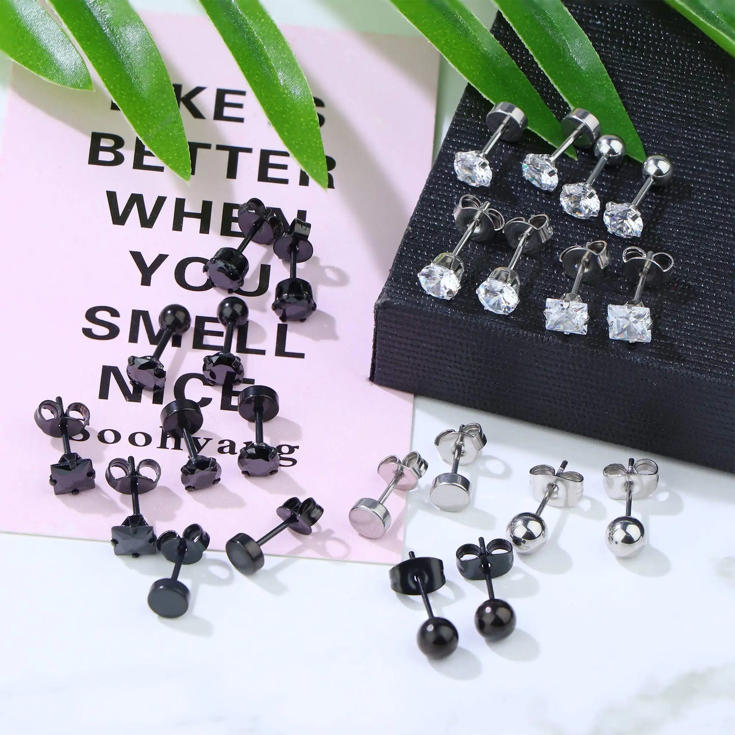 3-8mm Small Black Silver Colour Earrings Stone CZ Crystal Ear Studs Surgical Steel Cubic Unisex Accessories - The Clothing Company Sydney