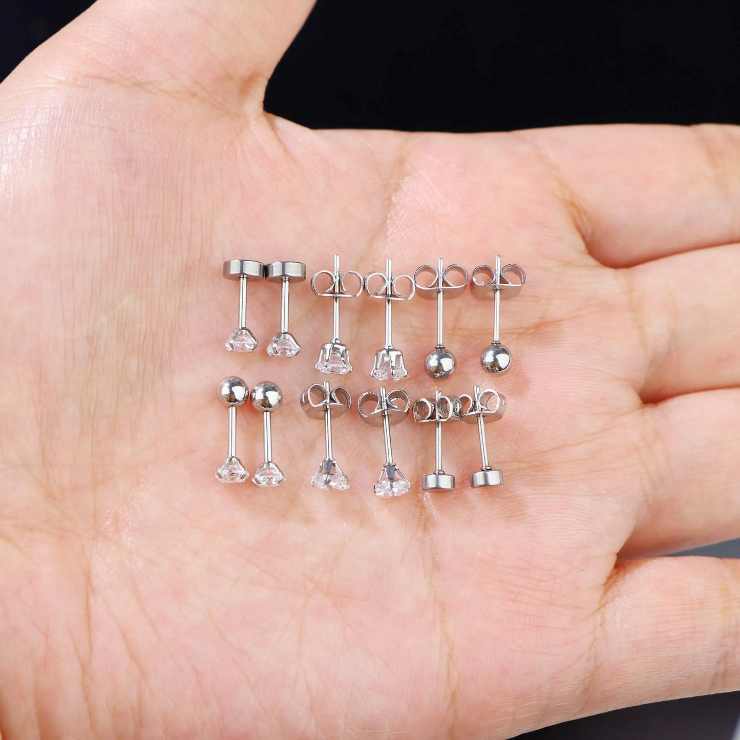 3-8mm Small Black Silver Colour Earrings Stone CZ Crystal Ear Studs Surgical Steel Cubic Unisex Accessories - The Clothing Company Sydney