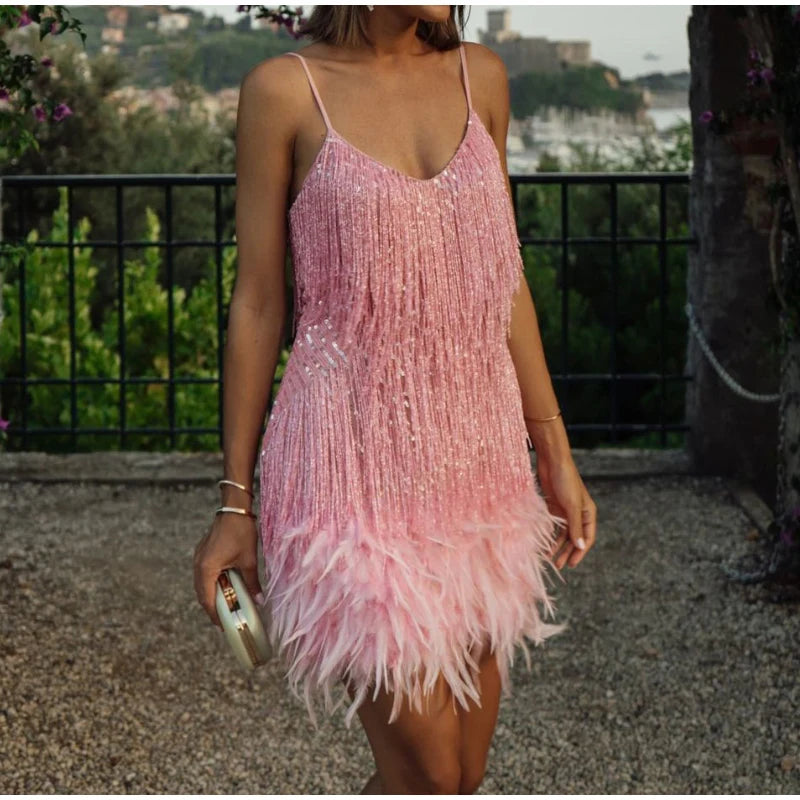Tassel Sequins Feather Mini Dress Women's Spaghetti Strap Stitching Elegant Evening Party Club Dress - The Clothing Company Sydney