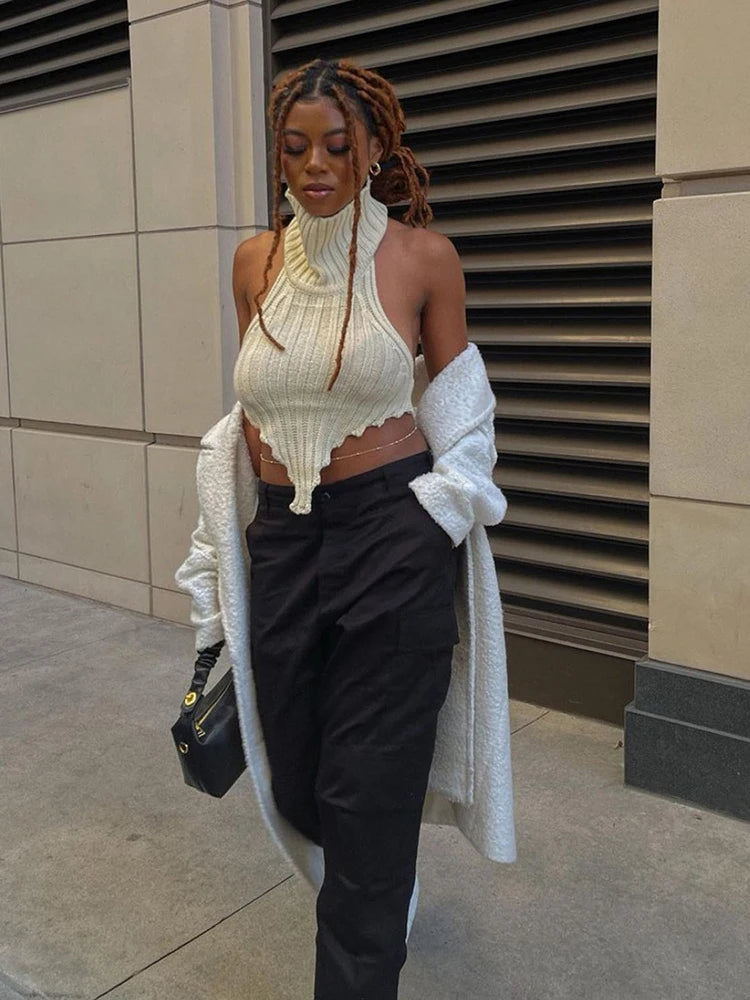 Fashion Knitted Turtleneck Crop Tops for Women Summer Sleeveless Backless Tanks Cropped Party Club Top The Clothing Company Sydney