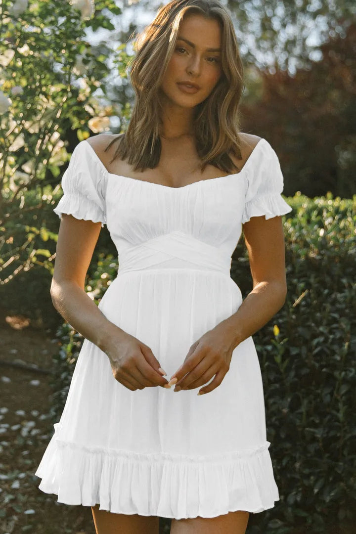 Summer Sundersses White Short Sleeve Ruffles Lace Up Folds Mini Dresses Bohemian Party Beach Dress - The Clothing Company Sydney