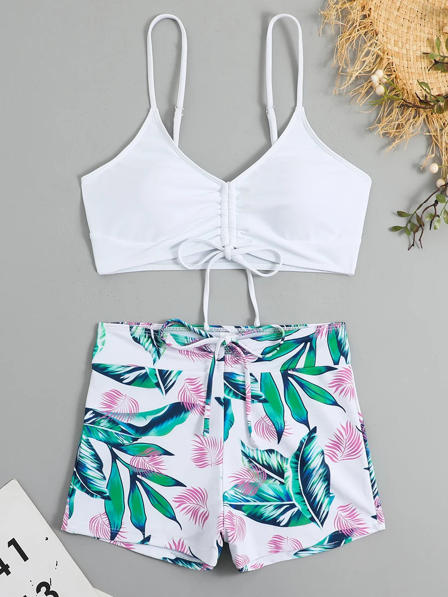 2 Piece Drawstring Front Shorts Bikinis High Waist Swimsuit Women Swimwear Bathers Bathing Swimming Swim Suit Beachwear - The Clothing Company Sydney