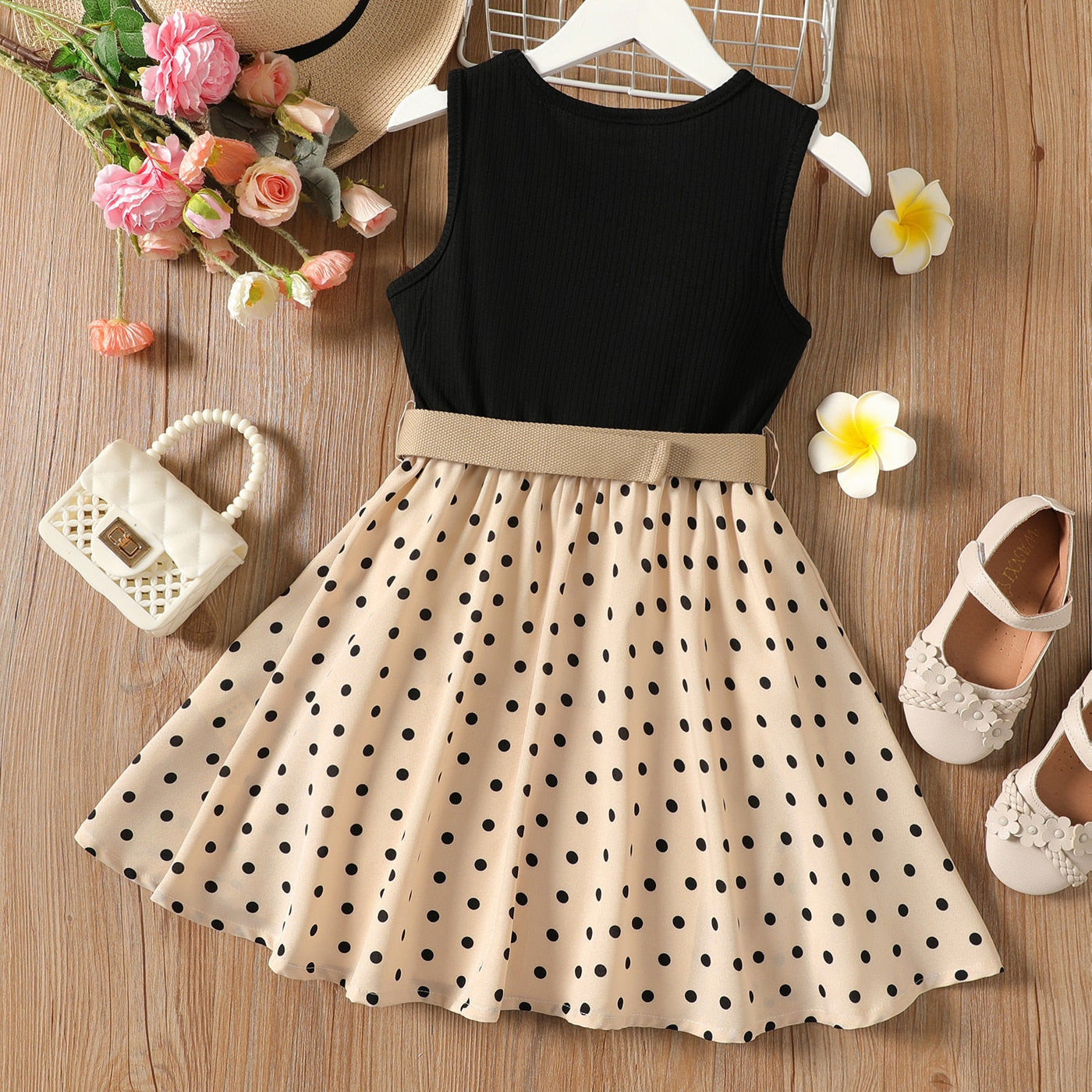 2 Piece Girl Dresses Kids Clothes Girl Polka Dots Ribbed Girls Splice Sleeveless Dress & Belt The Clothing Company Sydney